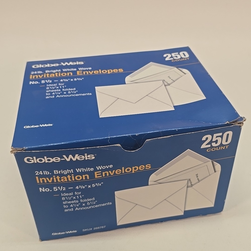Globe-Weis 24lb. Bright White‎ Wove Invitation Envelopes-250 Count